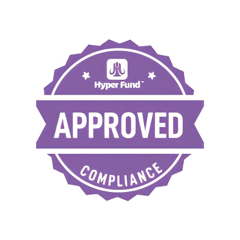 A purple circular badge with a ribbon reading 'Approved Compliance' featuring the HyperFund logo, typically used in the platform's promotional materials