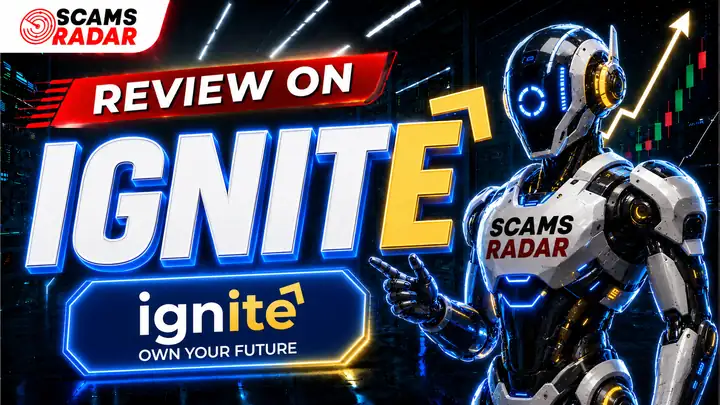 Ignite Review by Scams Radar showing an AI robot and Ignite platform branding for a detailed scam and legitimacy analysis.