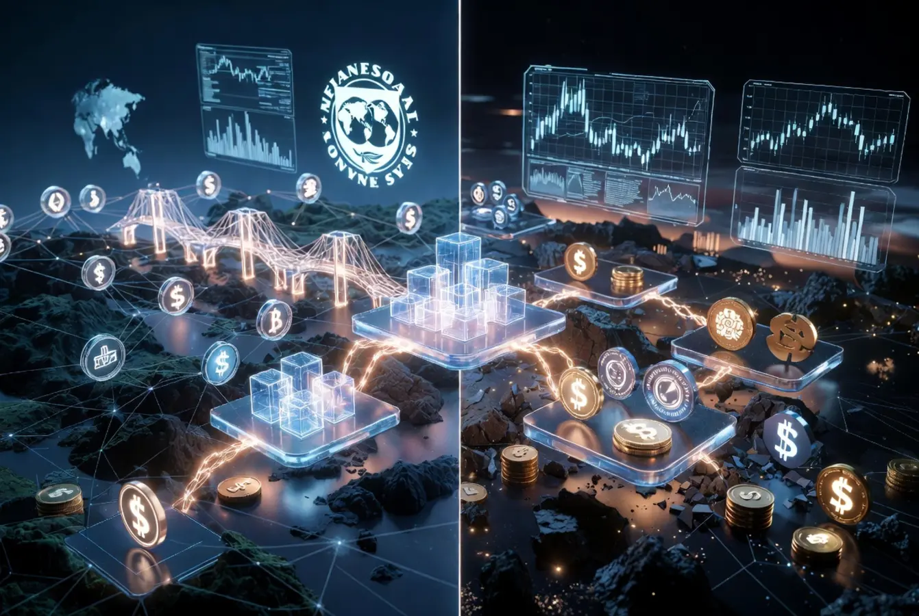 IMF illustration showing tokenized assets on shared digital ledgers with policy choices determining whether tokenization strengthens or fragments global finance