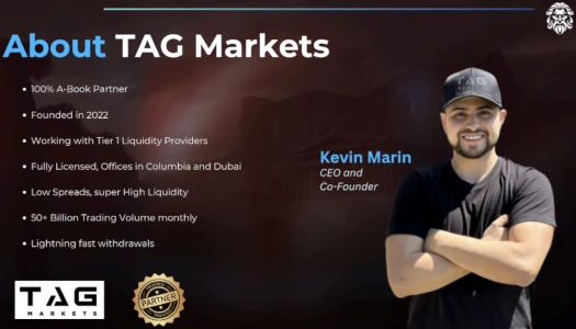 Promotional image featuring Kevin Marin as CEO and Co-Founder of Tag Markets.