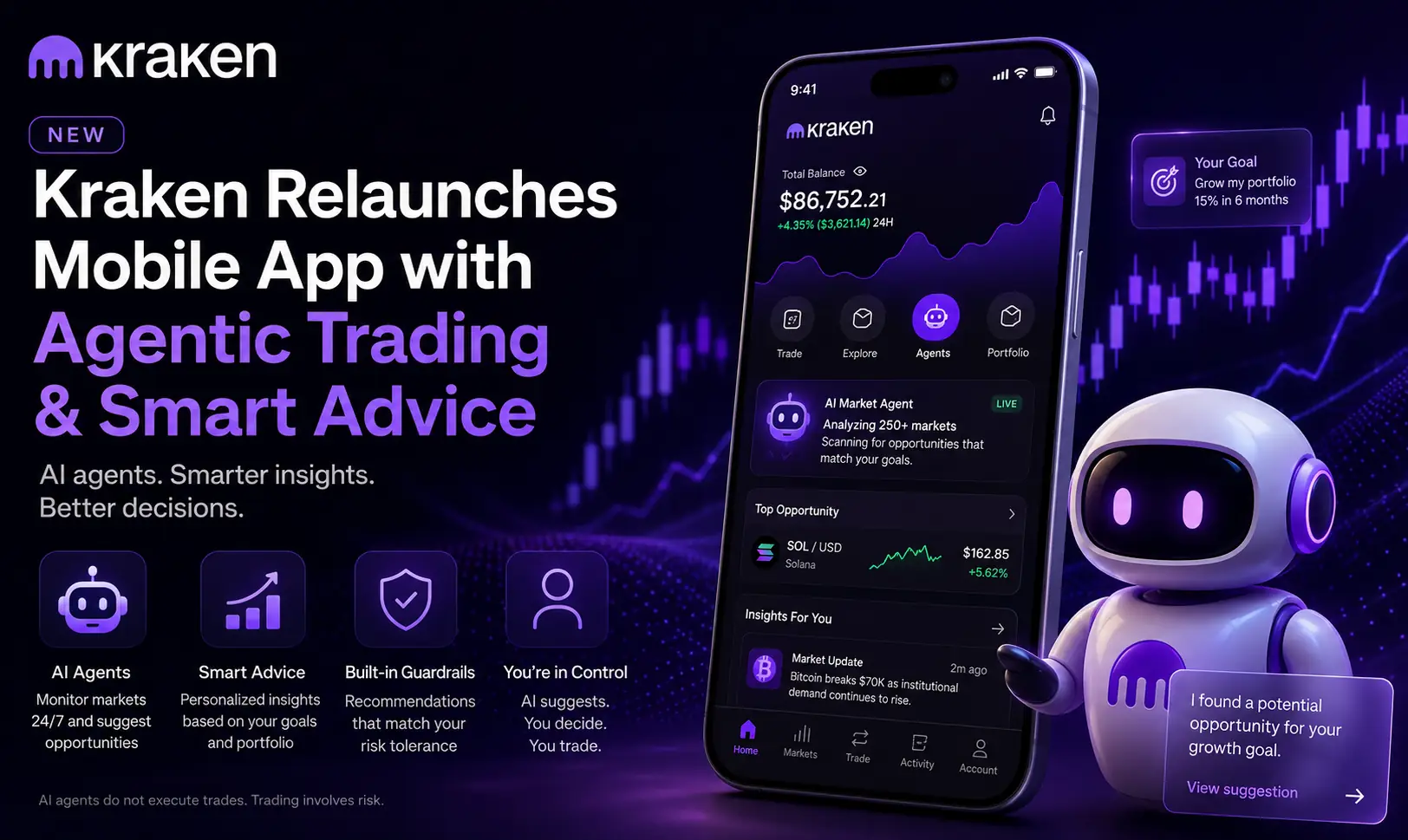 Kraken AI trading app featuring agentic AI, smart investment advice, market analysis, and personalized crypto trading recommendations.