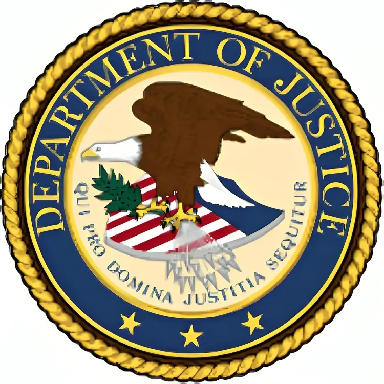 U.S. Department of Justice seal used in the Mike G Deal case involving Neil Chandran and Bryan Lee's crypto fraud sentencing.