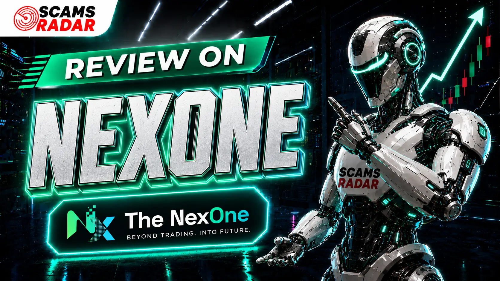 NexOne Review showing platform analysis, scam check, AI trading concept, and The NexOne branding