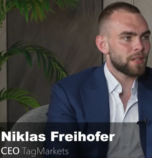 Niklas Freihofer speaking during an interview as CEO of Tag Markets.