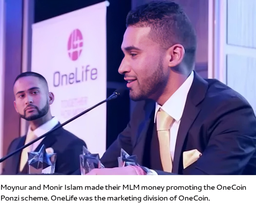 Moynur and Monir Islam speaking at an event linked to the OneCoin Scam
