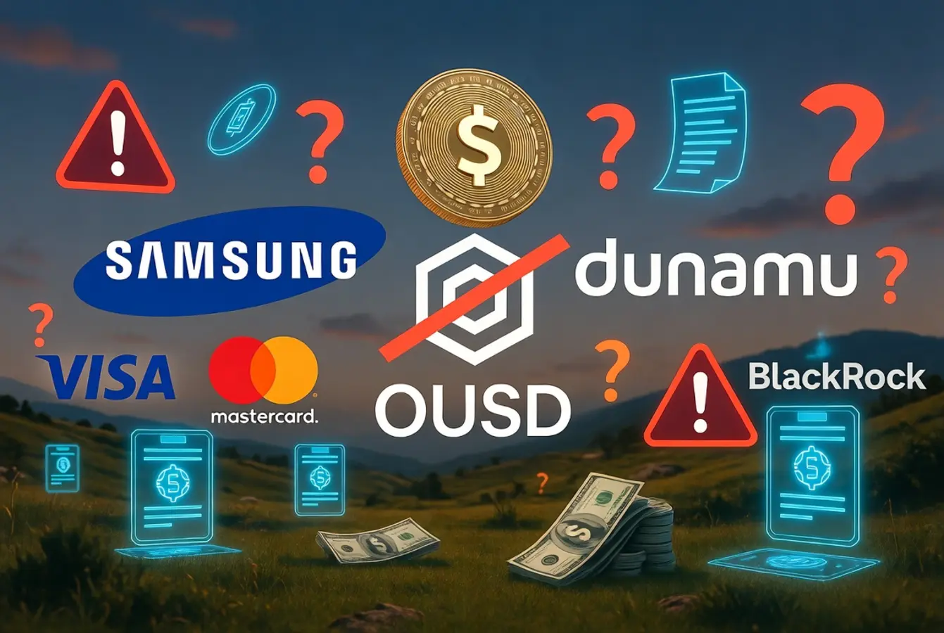 Serious warning image showing Samsung and Dunamu logos with question marks over Open Standard OUSD stablecoin consortium announcement involving Visa, Mastercard and BlackRock