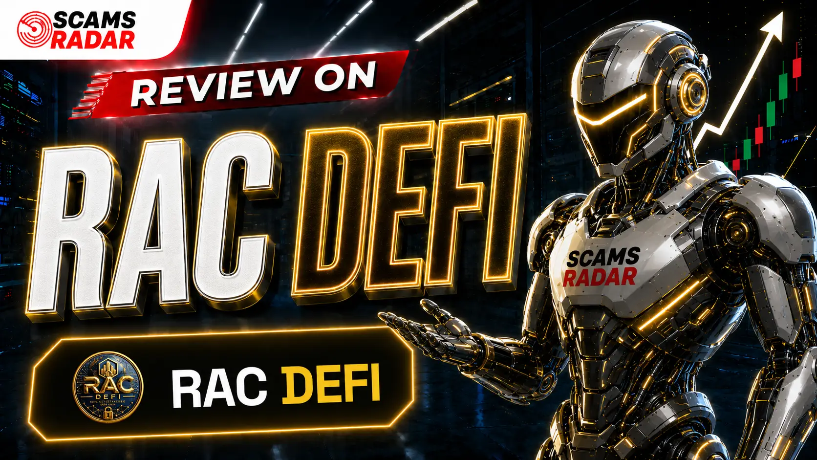 RAC DeFi Review thumbnail featuring a futuristic robot, Scams Radar branding, RAC DeFi logo, and cryptocurrency market growth chart.