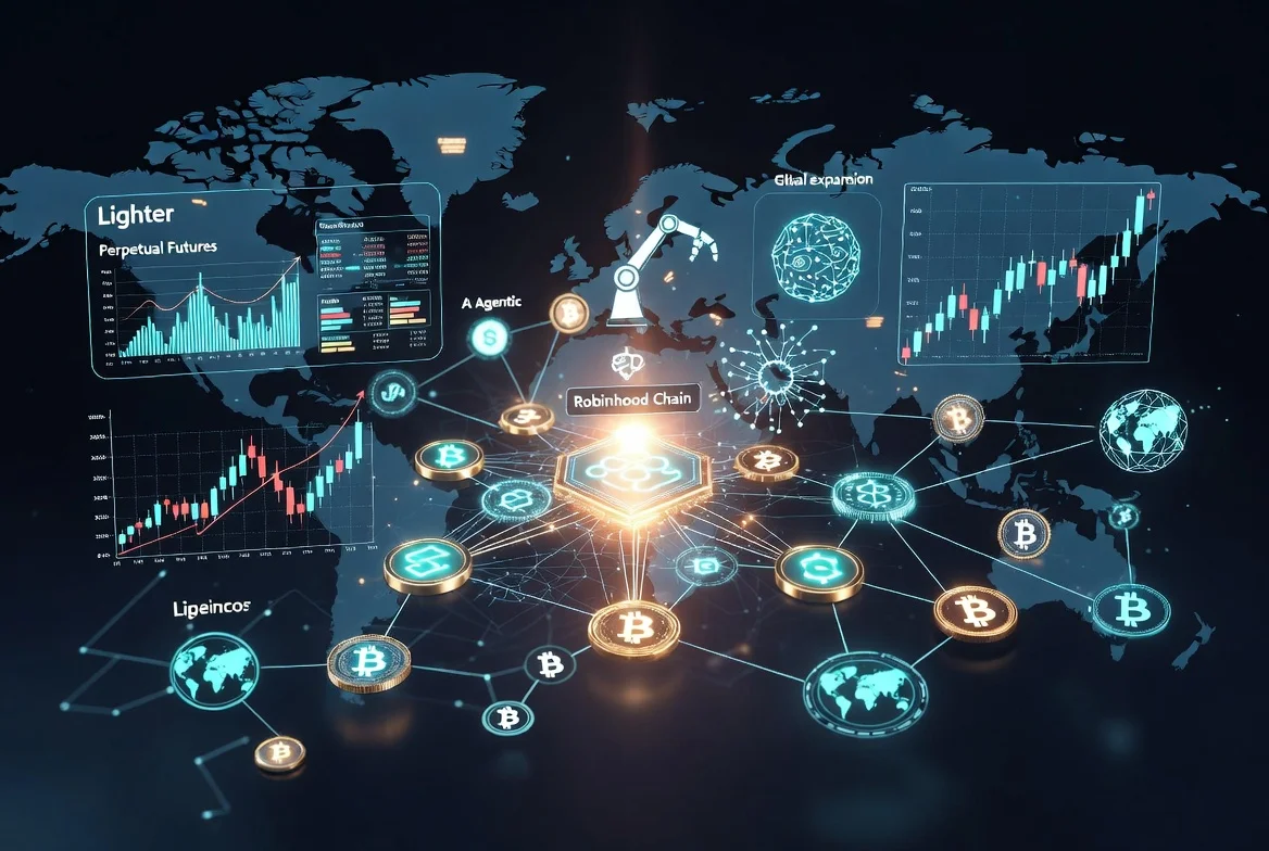 Robinhood Chain goes live on mainnet showing tokenized stocks trading 24/7, Lighter perpetual futures, and futuristic blockchain finance technology in landscape view