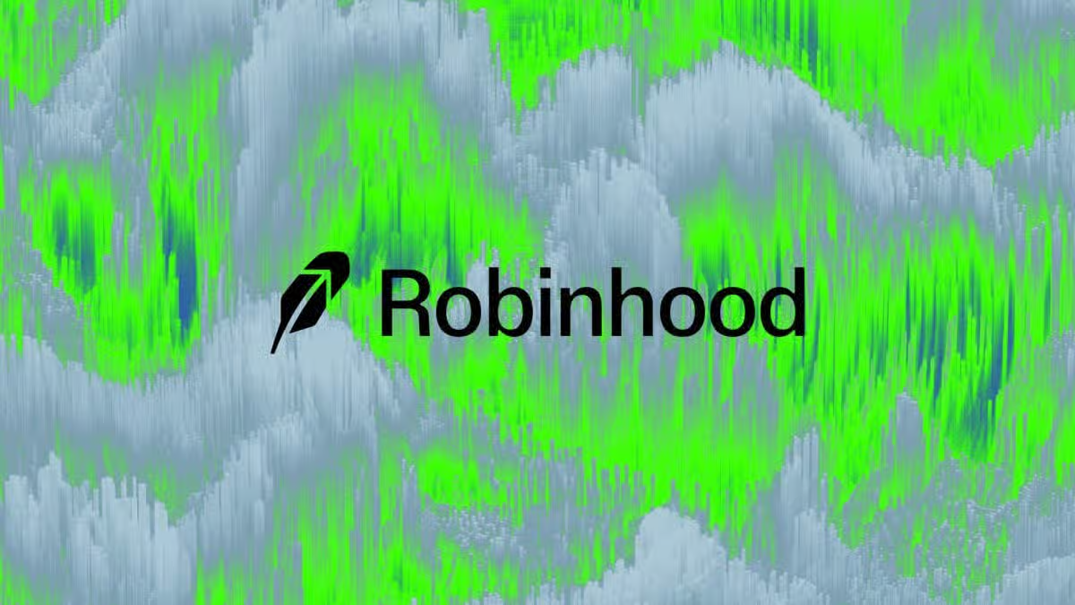 The black Robinhood logo and feather icon centered on a bright neon green and grey abstract, 3D data visualization background