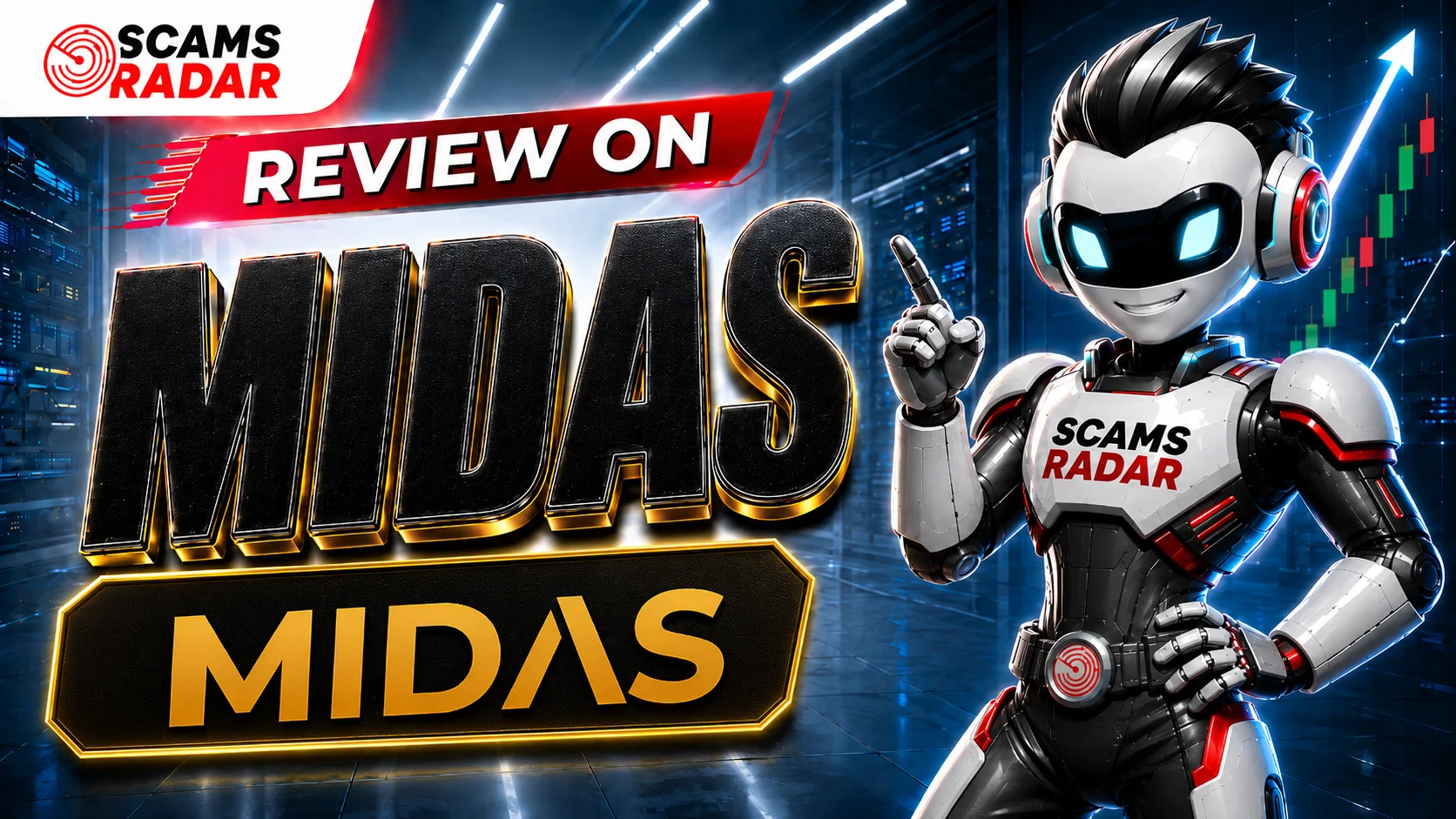 Futuristic robot mascot from Scams Radar reviewing MIDAS with glowing blue eyes and financial charts in background