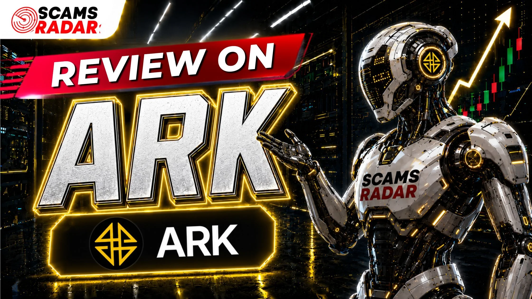 alt="Scams Radar review of ARK featuring a futuristic robot with glowing yellow neon text"