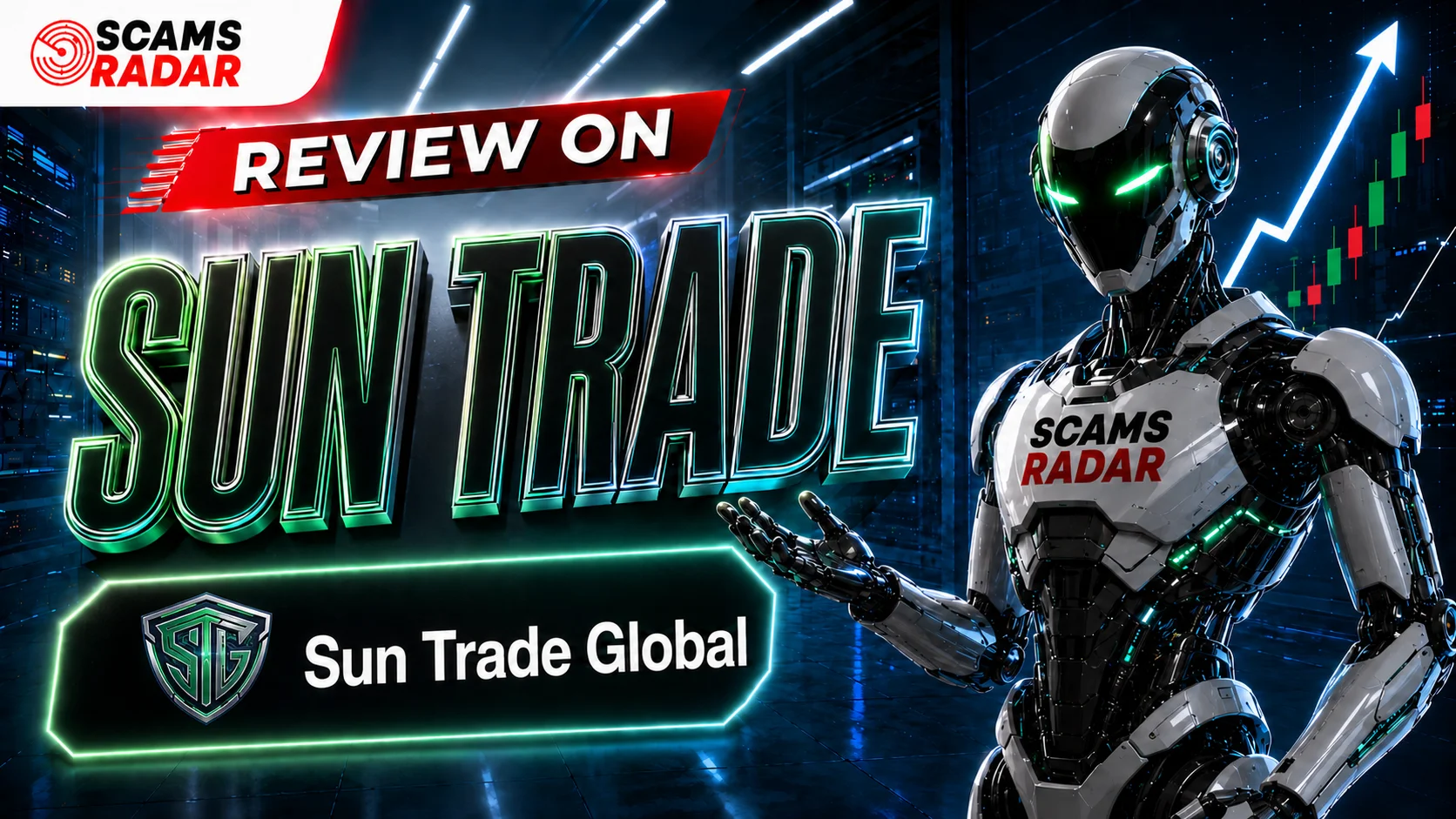 Scams Radar robot presenting Sun Trade Global (SG) review with green neon text and financial growth chart background