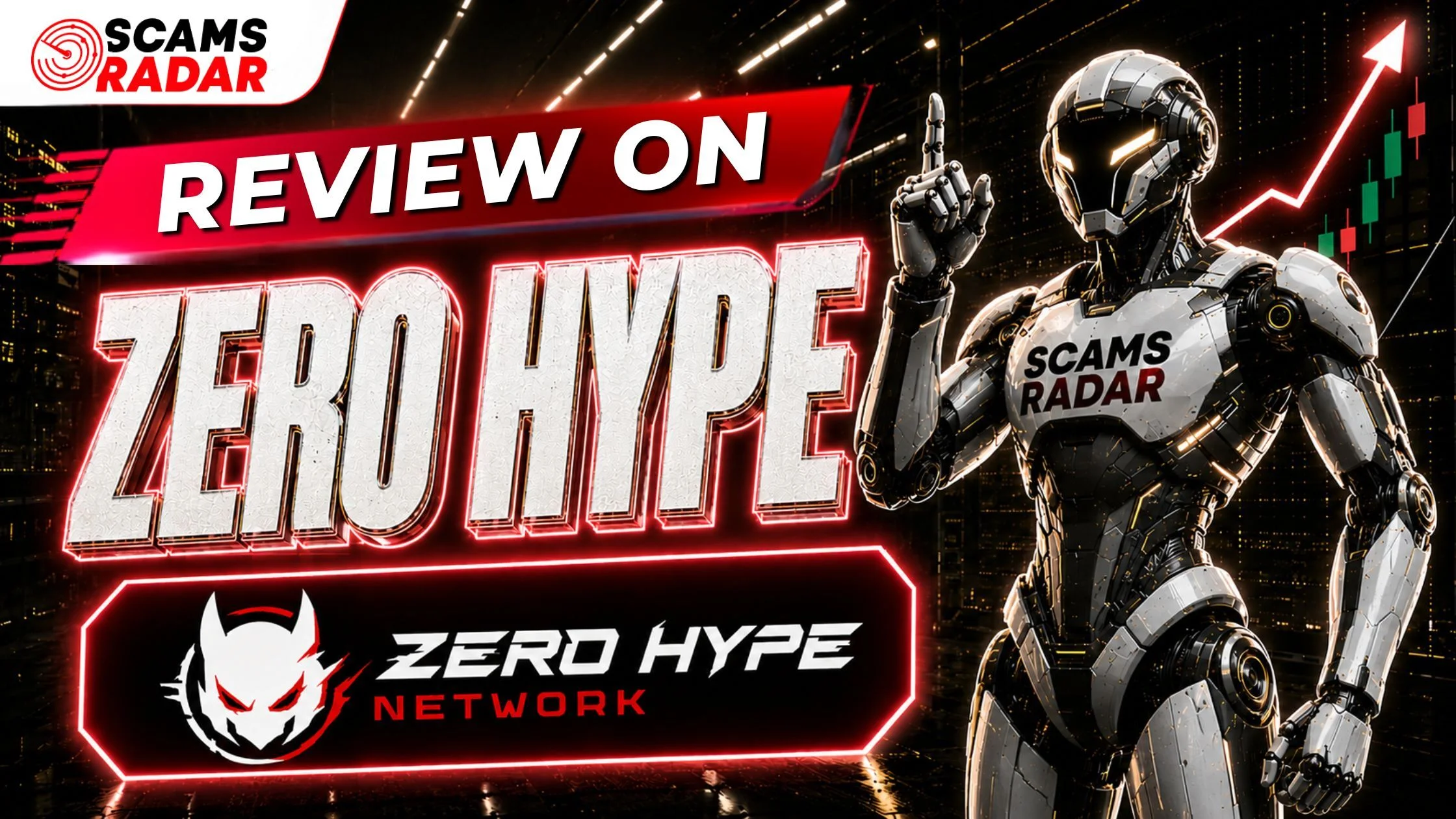 Scams Radar robot reviewing Zero Hype Network with neon lights and upward trending graph in cyberpunk style