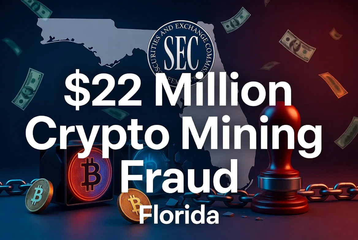 SEC charges against Zan Shaikh and Mining Automatic for allegedly defrauding investors of $22 million in a crypto mining scheme. Official regulatory action illustration.