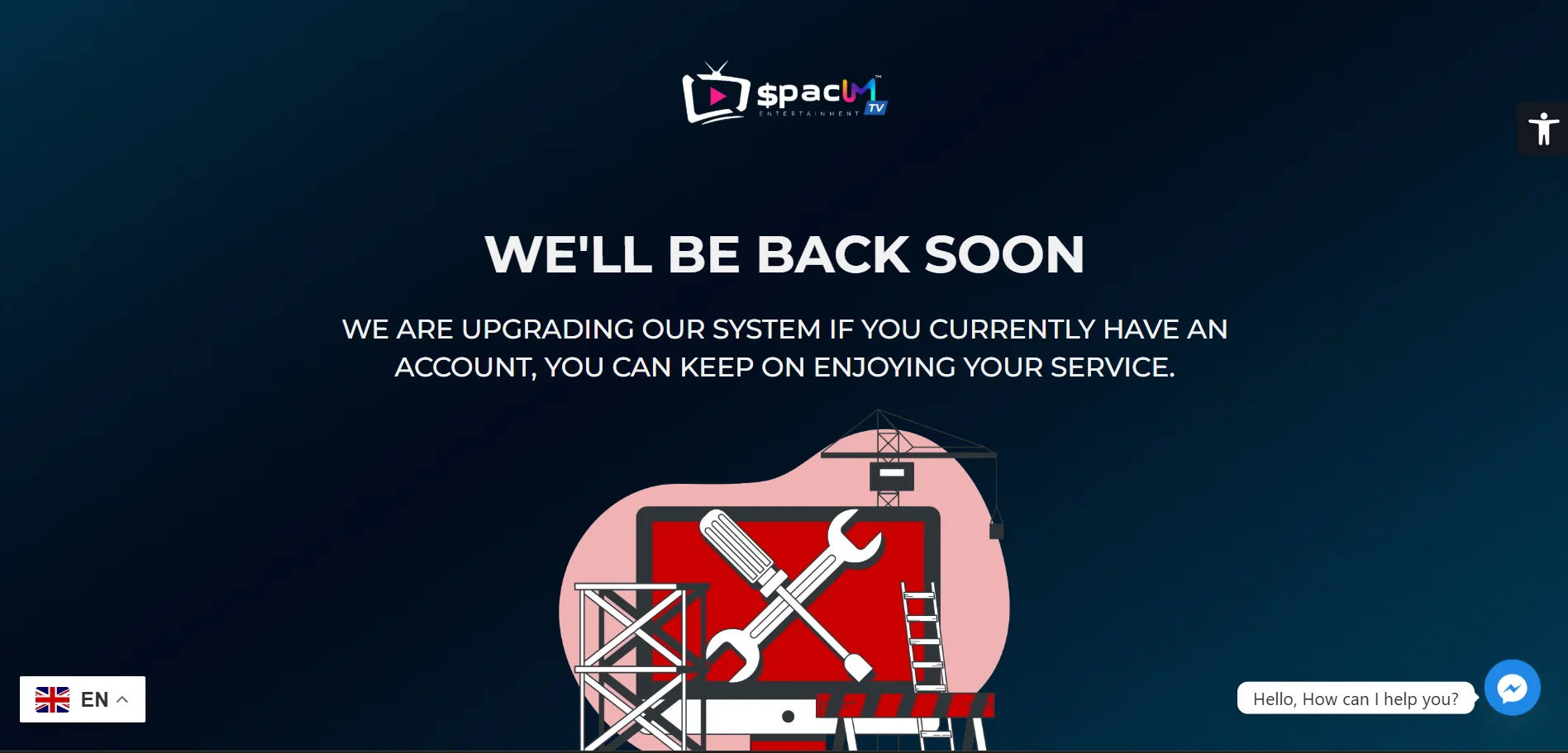Spacum TV Review maintenance page displaying a "We'll Be Back Soon" message during a system upgrade.