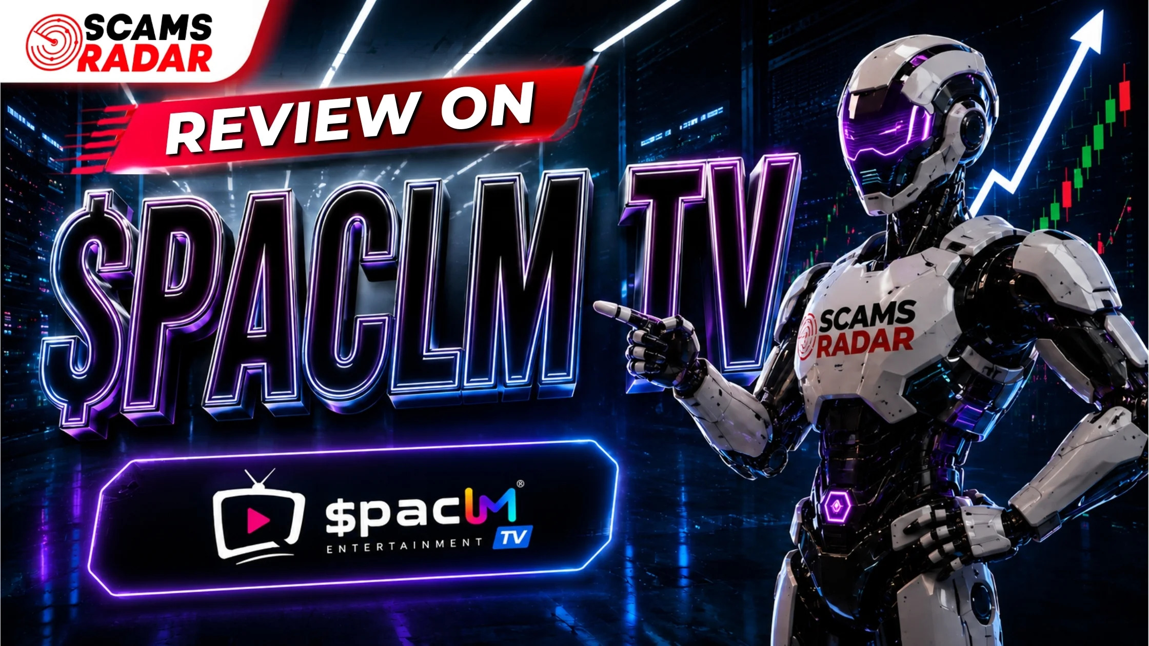 Spacum TV Review thumbnail featuring ScamRadar branding, a futuristic robot, and the Spacum Entertainment TV logo.