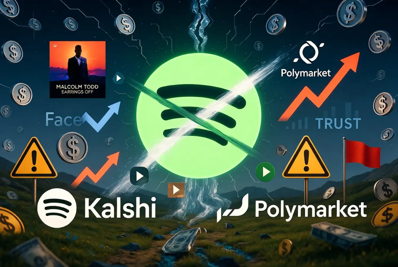 Spotify logo crossed out on prediction market platforms Kalshi and Polymarket due to manipulated music streams used to settle $3 million bets on song charts