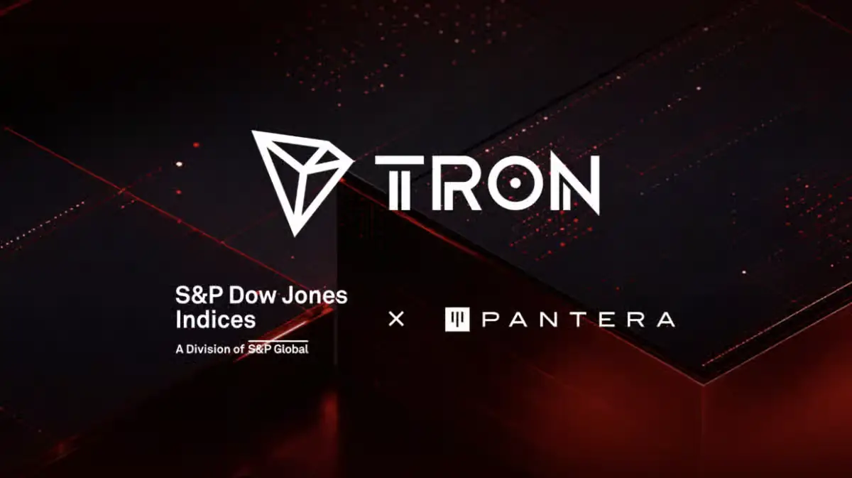 TRON logo alongside S&P Dow Jones Indices and Pantera logos announcing TRON's inclusion in the S&P Pantera Digital Asset Index.