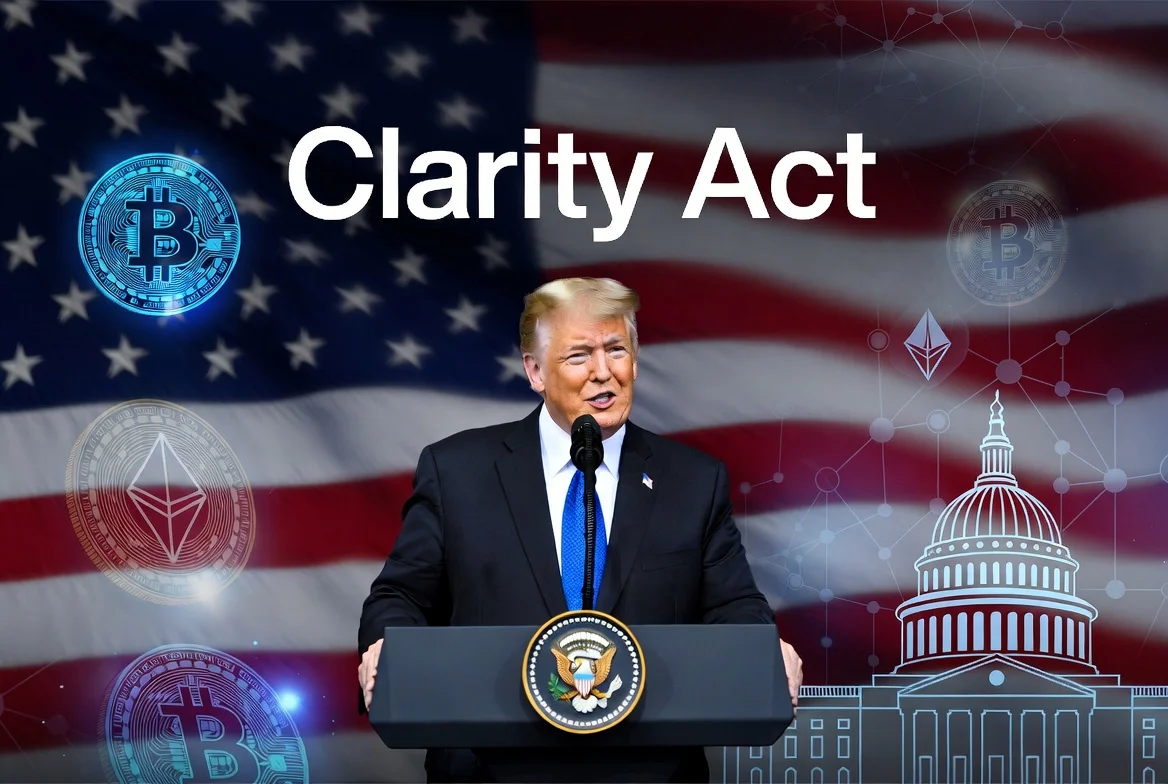 President Donald Trump calls on the US Senate to pass the Clarity Act cryptocurrency regulation bill in honor of Senator Lindsey Graham, with ethics debate in background