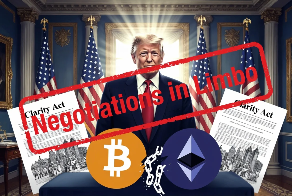 President Trump discussing crypto ethics provisions with senators for the Clarity Act. Political negotiations stalled over digital asset regulations and ethics rules.