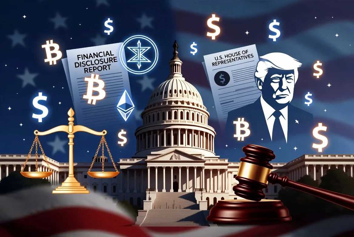 Donald Trump crypto financial disclosure with US Capitol building, blockchain symbols, and ethics regulations documents representing Clarity Act negotiations