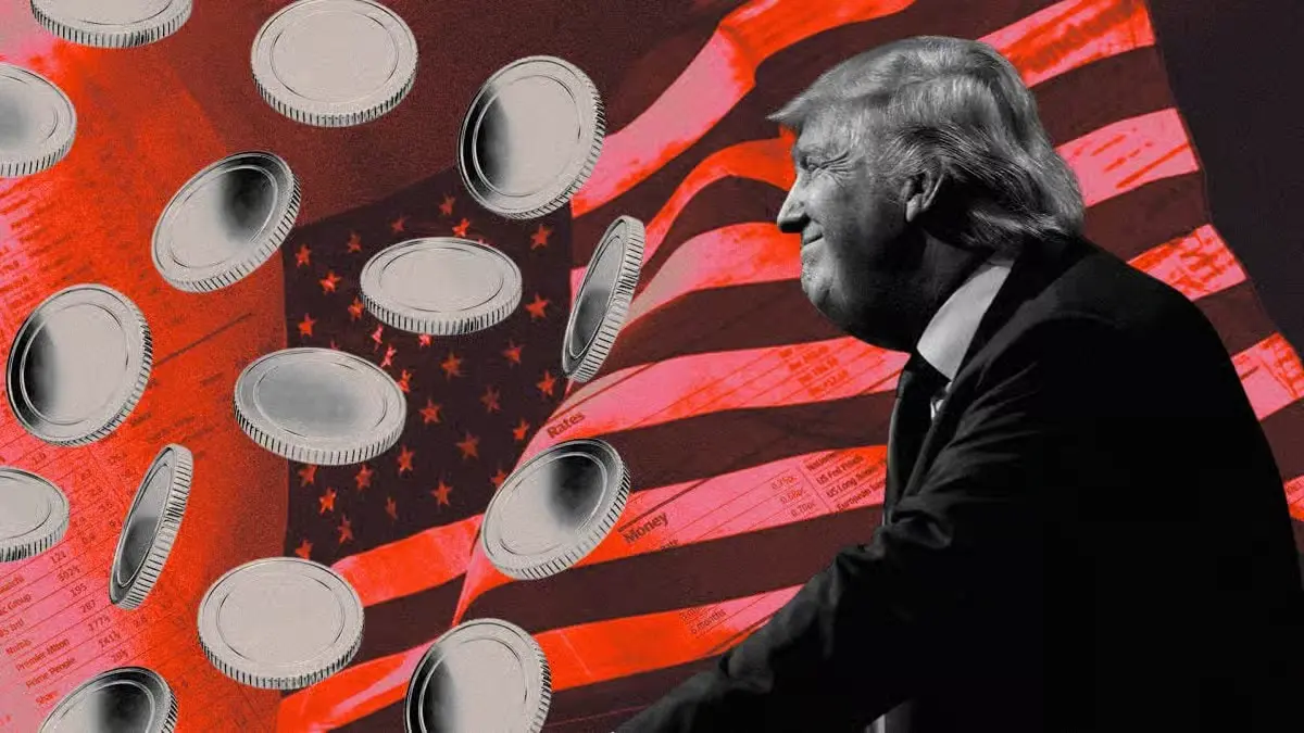 Illustration showing Donald Trump with the US flag and falling coins, symbolizing US economic policy, trade, tariffs, financial markets, and investment discussions.
