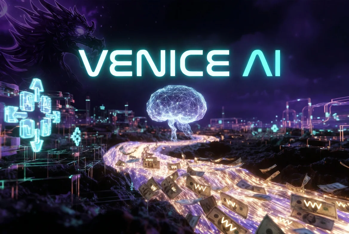 Venice AI crypto AI startup funding announcement with Erik Voorhees, Dragonfly Capital, VVV token and futuristic AI technology elements