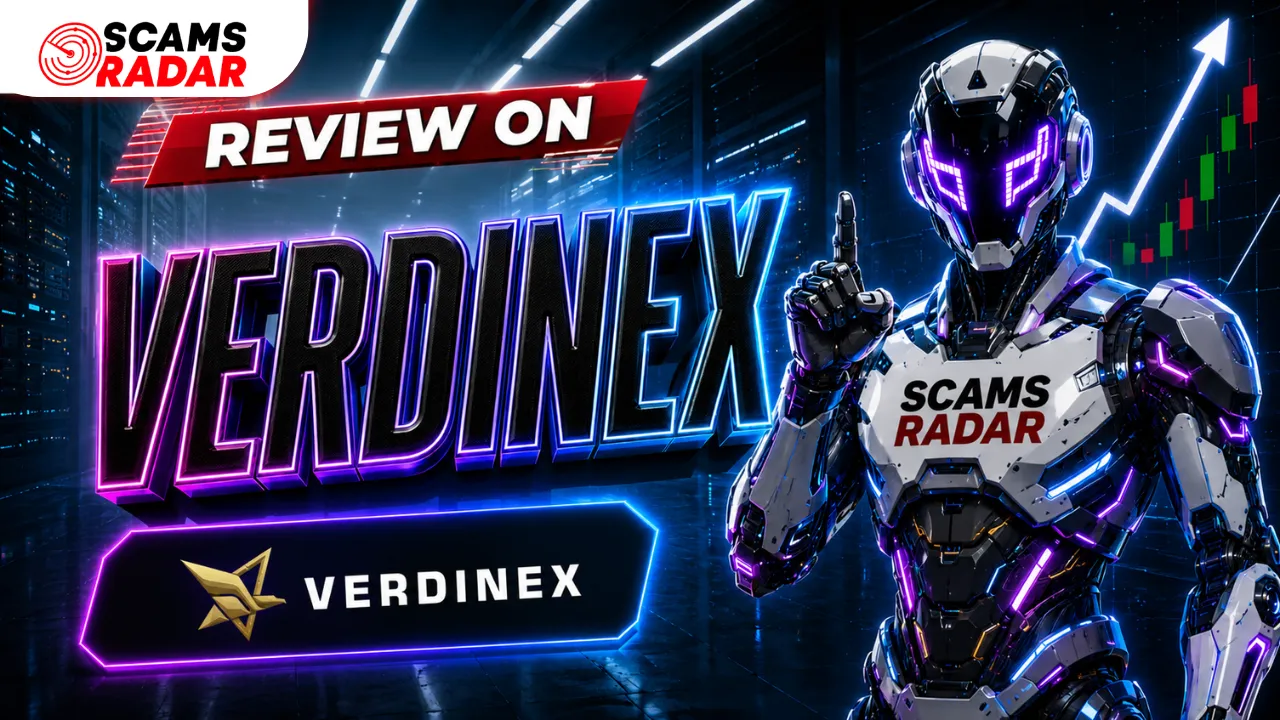 Verdinex Review thumbnail by ScamsRadar featuring a futuristic robot and Verdinex branding with a crypto market background.