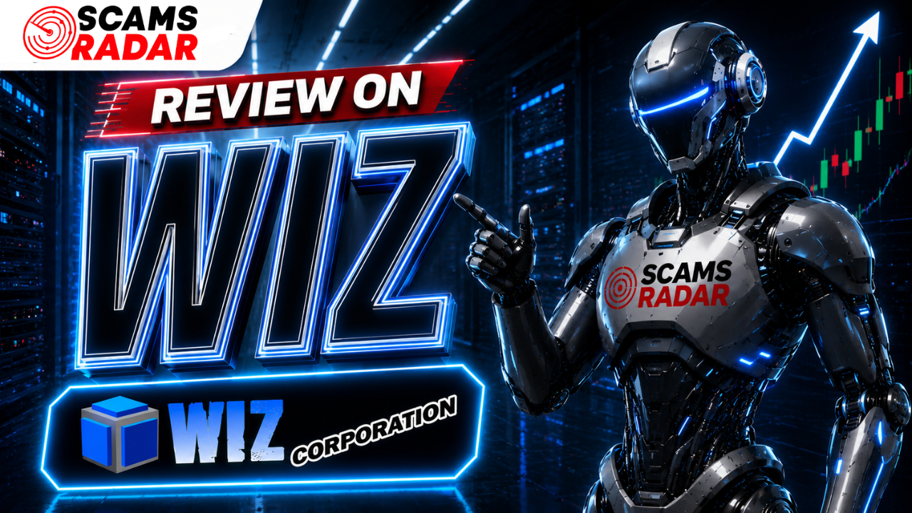 A futuristic robot with the 'Scams Radar' logo pointing towards large glowing neon text that reads 'Review on WIZ', along with the WIZ Corporation logo, set against a dark background with an upward trending financial chart."