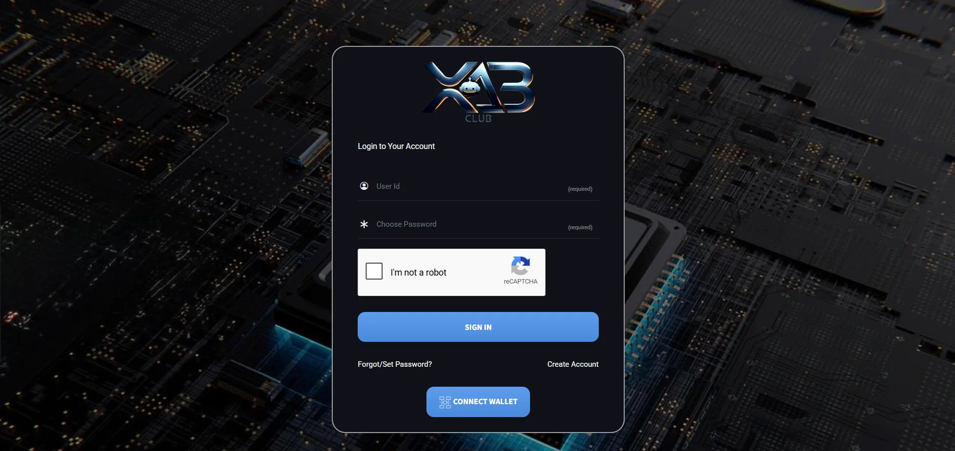 XAB Club login page with dark futuristic design, User ID, password field, reCAPTCHA verification and Connect Wallet button on circuit board background