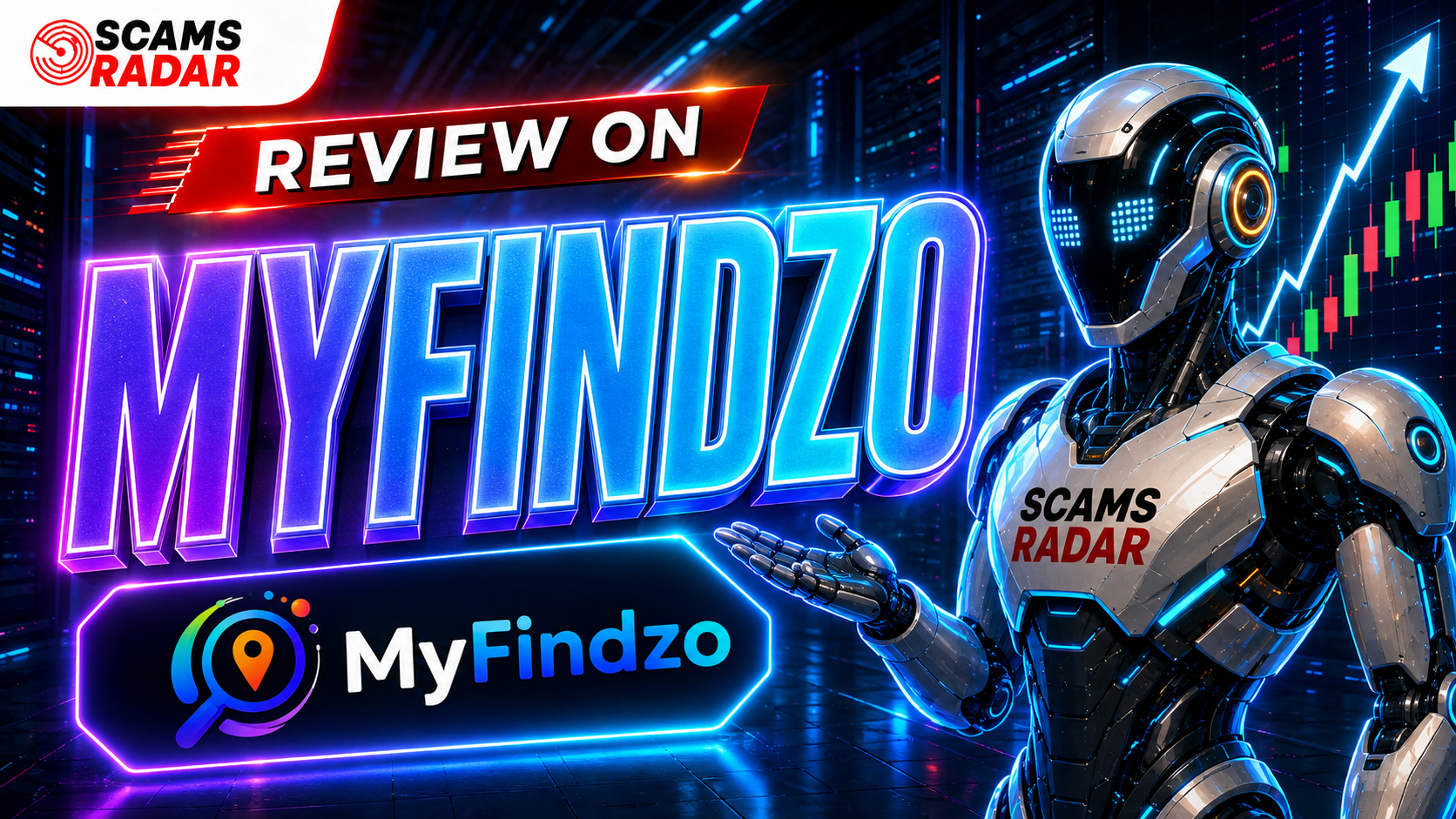 MyFindzo review thumbnail featuring Scams Radar AI robot, MyFindzo logo, stock market chart, and an investigation into the MyFindzo platform.