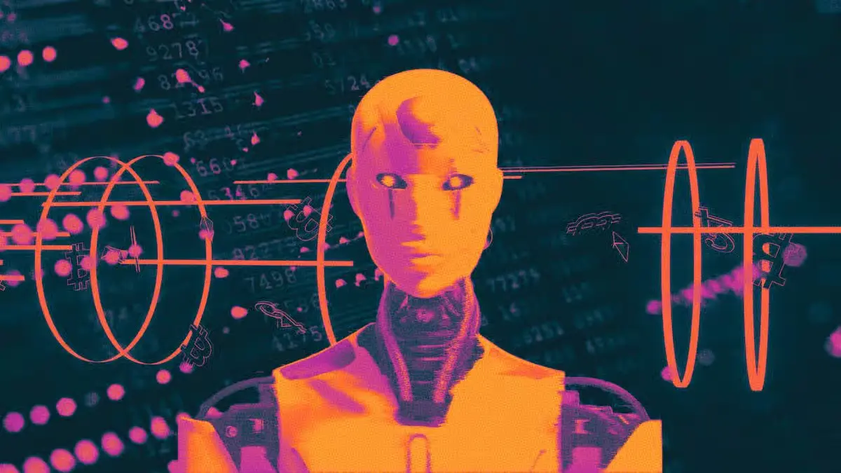 Futuristic AI robot with financial data charts and cybersecurity elements, representing artificial intelligence, fintech, automation, and digital security.
