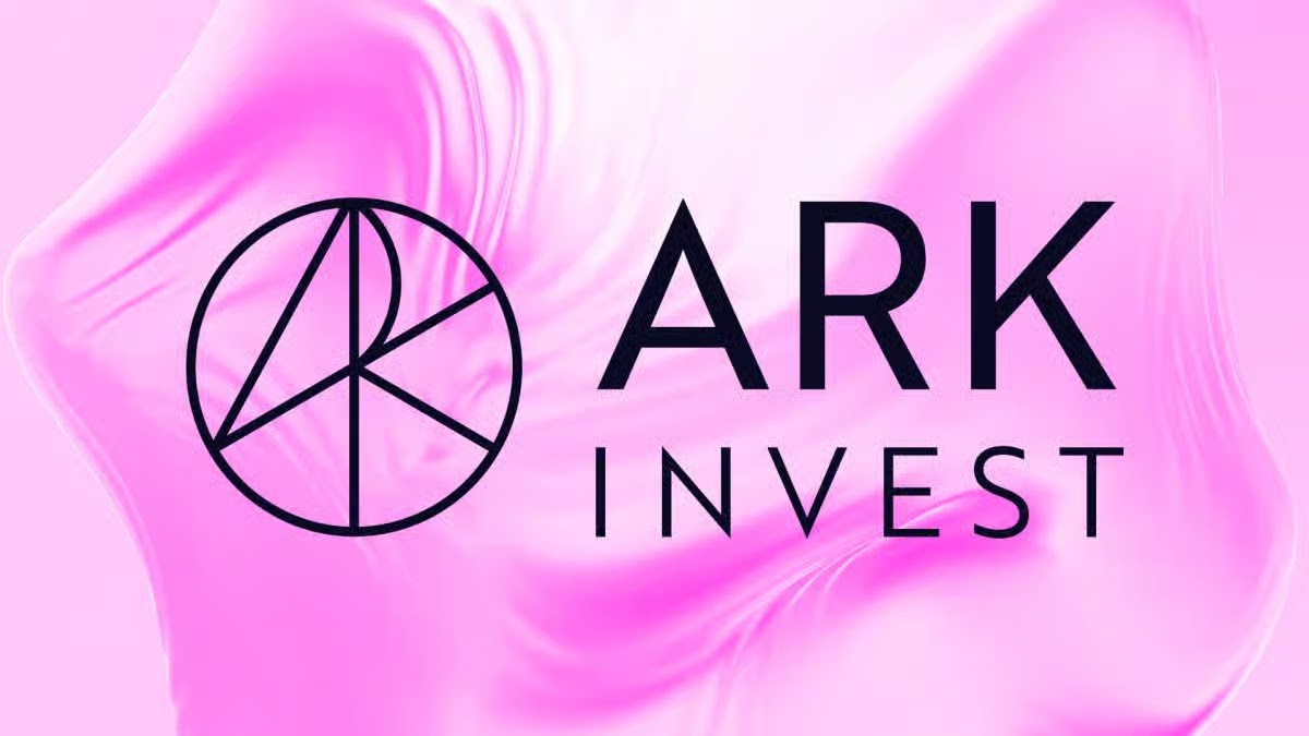 Official ARK Invest logo in bold black typography with a circular geometric symbol, set against an abstract, fluid pink background.