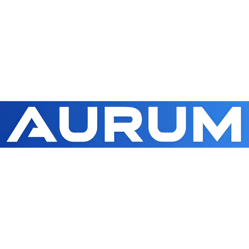 Aurum official brand logo featuring white typography on a solid blue background