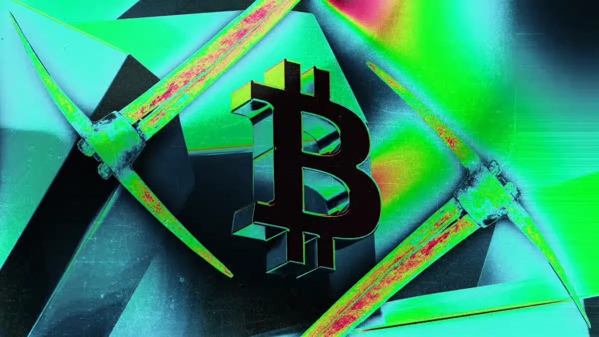 Bitcoin logo with crossed mining pickaxes on neon green geometric background showing bitcoin mining production decline