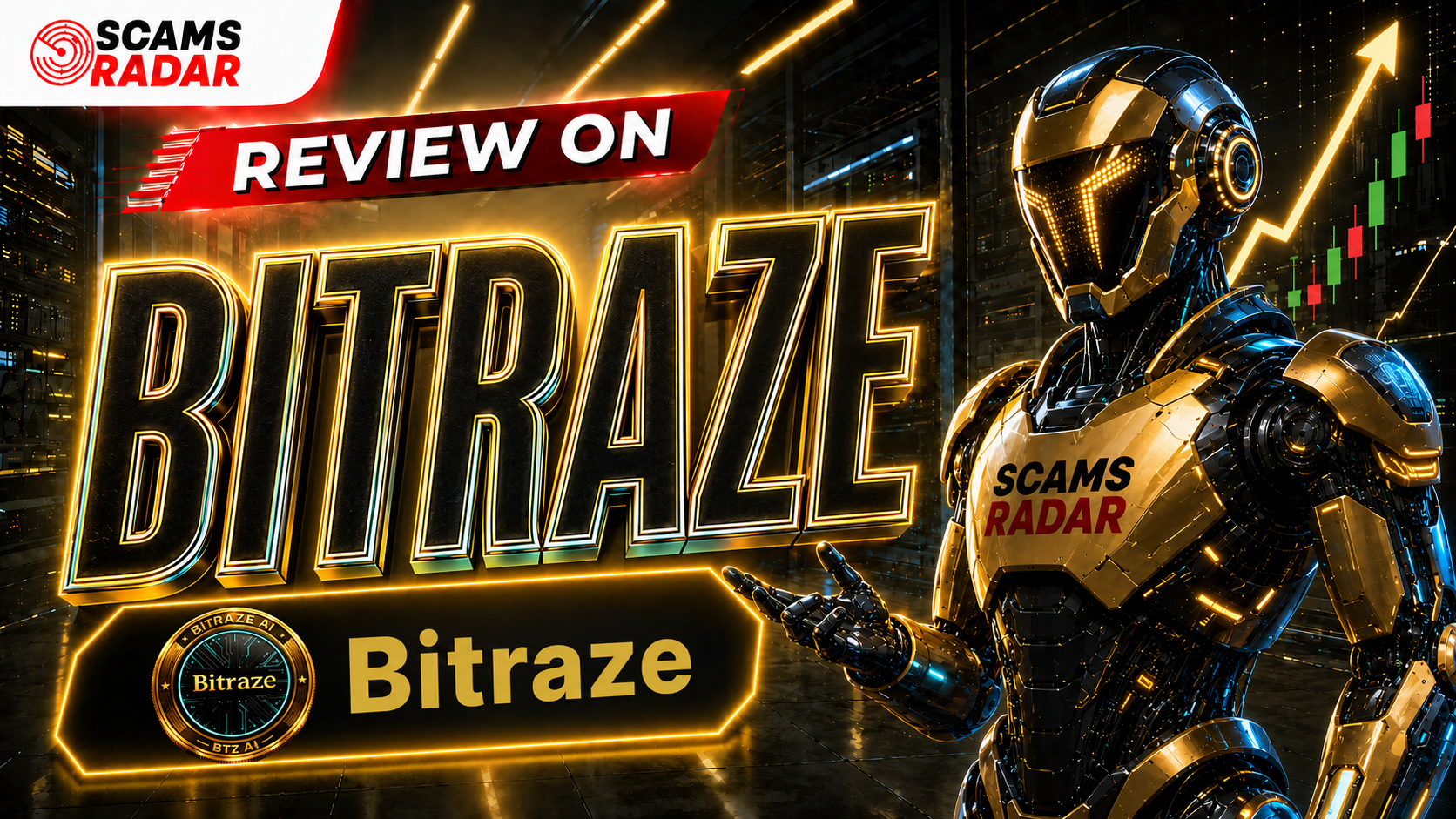 Scams Radar investigative review thumbnail for the Bitraze (BTZAI) crypto platform, featuring a golden robotic figure and trading charts.