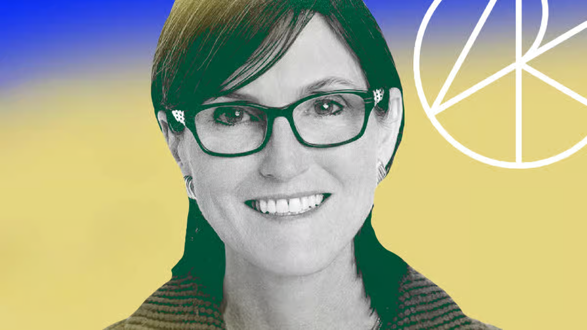 A high-resolution, detailed portrait of Cathie Wood, founder of ARK Invest, rendered with a specific green hue on her hair and top, against a blue-to-yellow gradient background with a geometric white logo.
