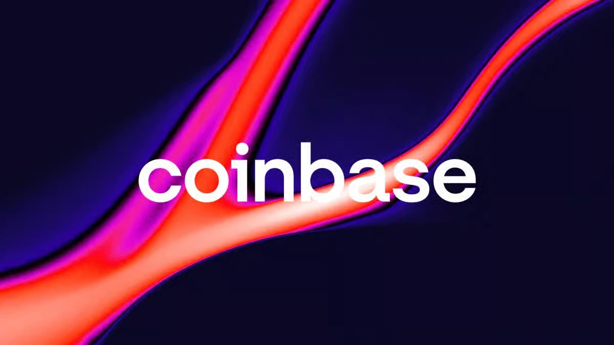 White Coinbase logo over a red and purple gradient liquid background