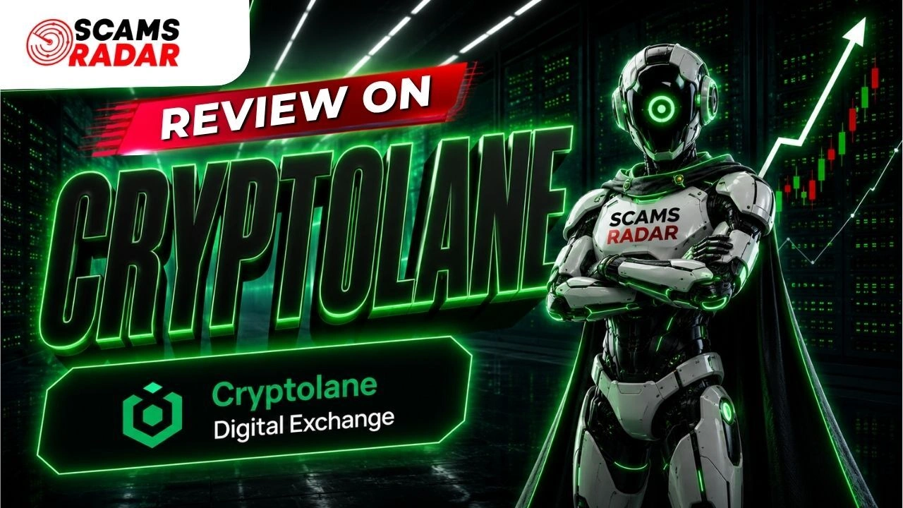 Comprehensive Review on Cryptolane Digital Exchange by Scams Radar featuring a futuristic robot guard and trading charts