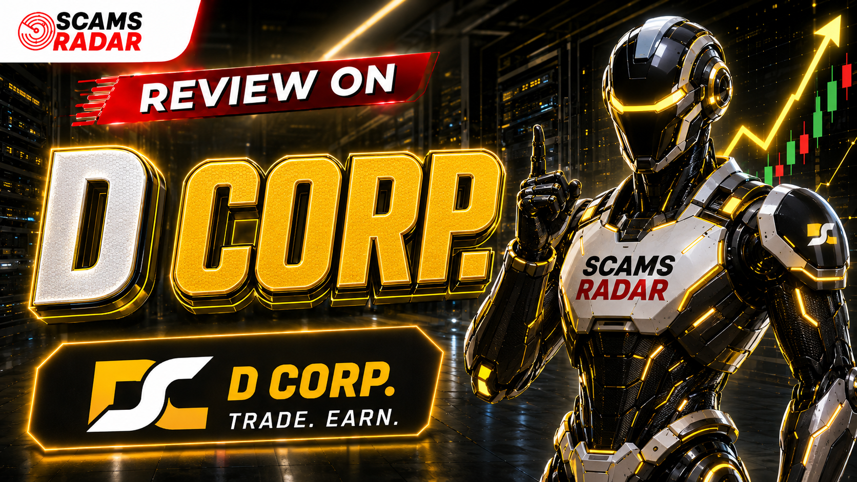 D CORP Review thumbnail featuring the D CORP logo, a futuristic robot, server background, and stock market chart discussing whether D CORP is legit or a scam.