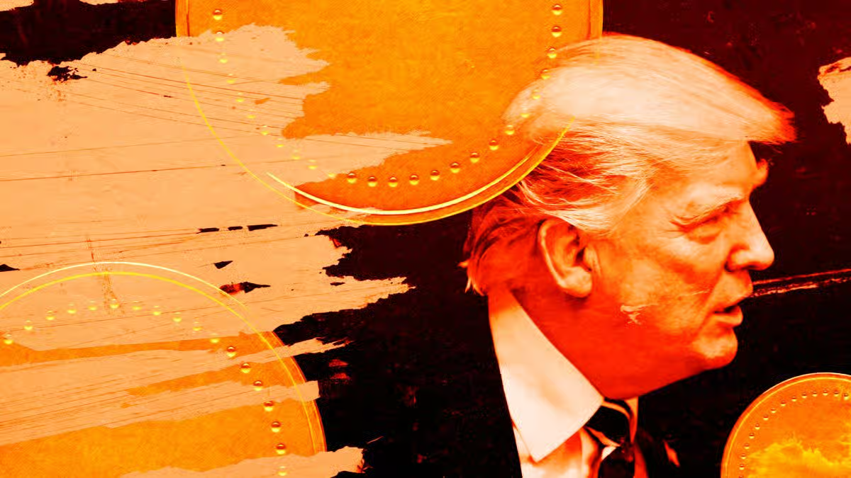 A stylized artistic profile of Donald Trump on a dark orange background, surrounded by glowing golden crypto coins representing cryptocurrency.
