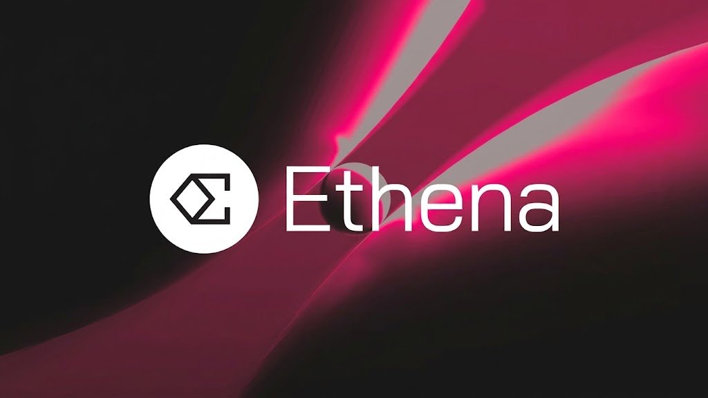 Official Ethena crypto protocol logo with white emblem text set against a dark background with vibrant magenta light streaks.