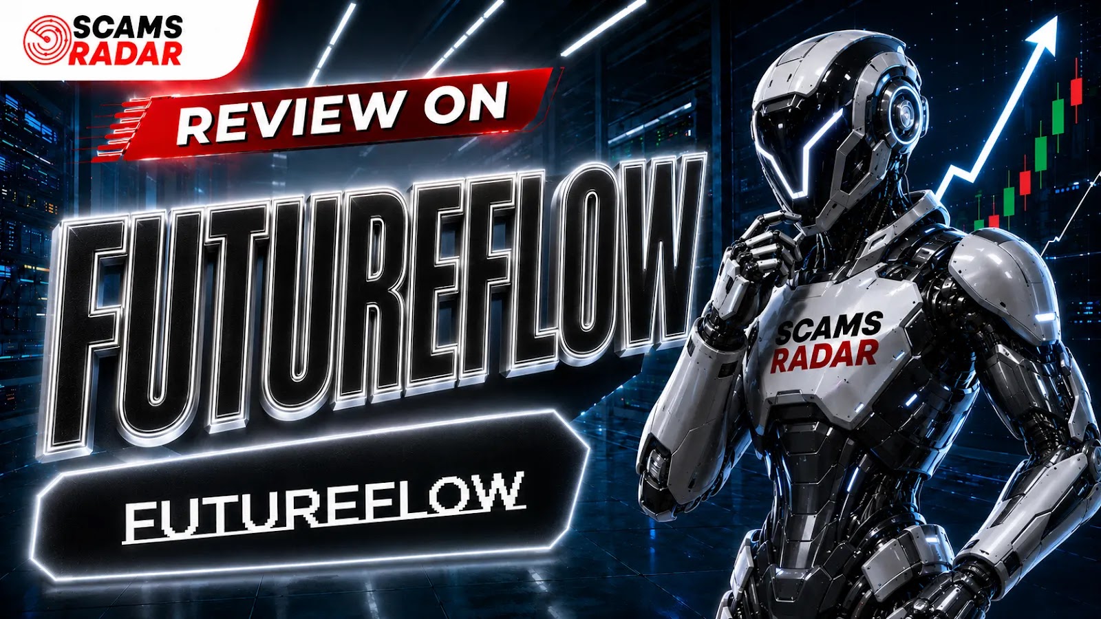 Scams Radar review thumbnail for FutureFlow, featuring a futuristic thinking robot, trading charts in a digital server background, and prominent 3D text highlighting Review on FutureFlow.
