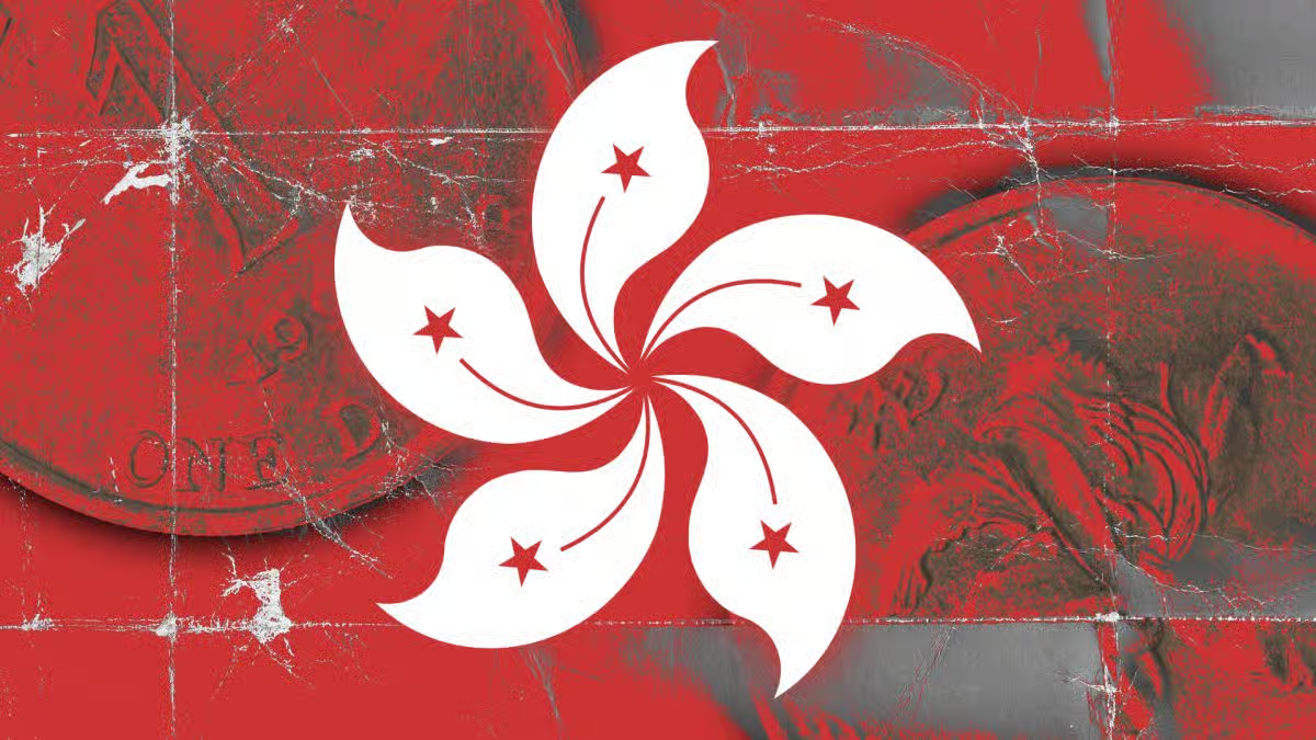 Hong Kong flag with currency coins representing the Hong Kong economy and financial system.