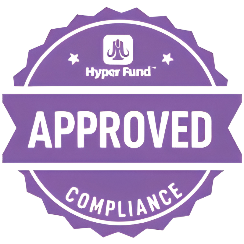 Purple Hyper Fund Approved Compliance seal featuring a central logo, utilized as a visual reference graphic for financial compliance research and platform reviews