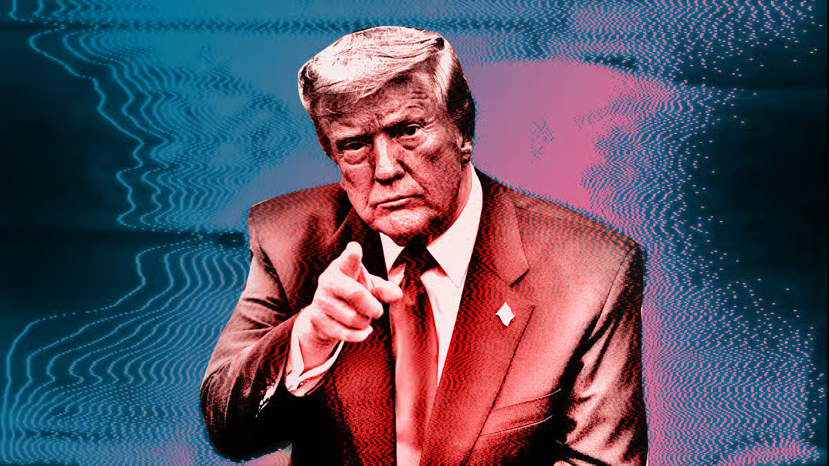 Abstract pink and orange stylized graphic of the United States Capitol building featuring the American flag, set against a checkered geometric background.