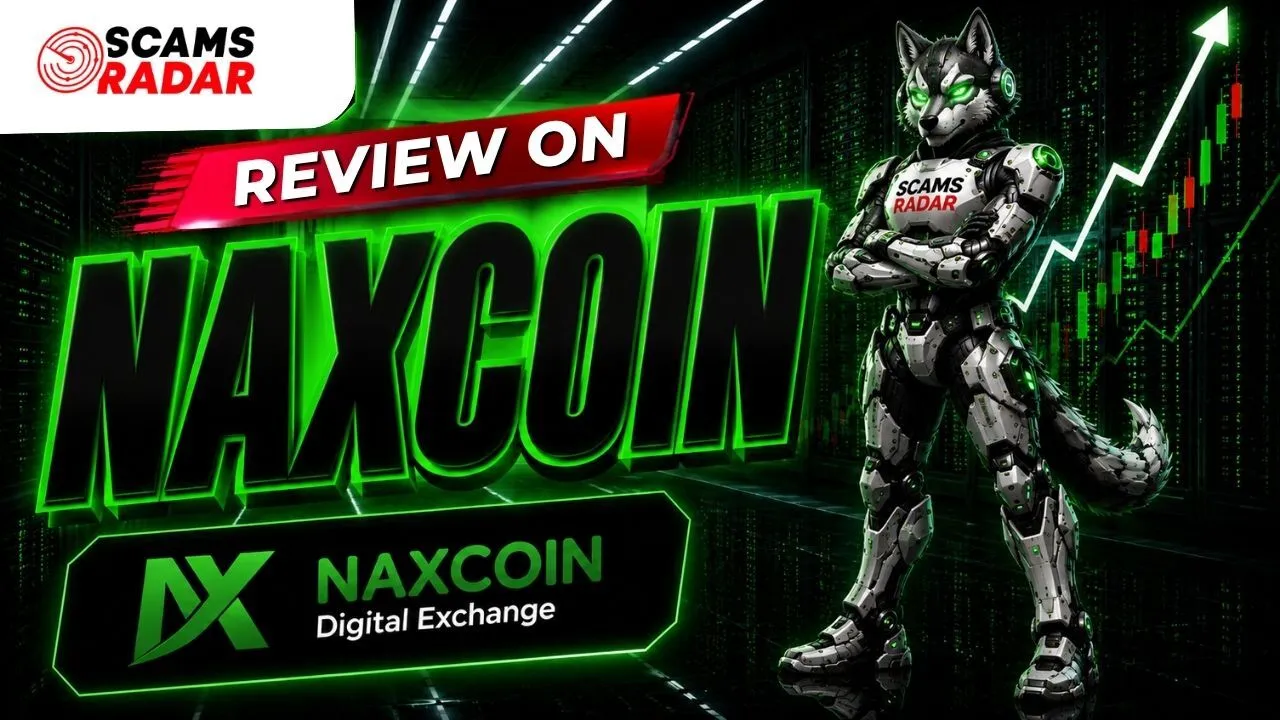 Scams Radar review of Naxcoin Digital Exchange featuring cyber wolf mascot and green trading chart