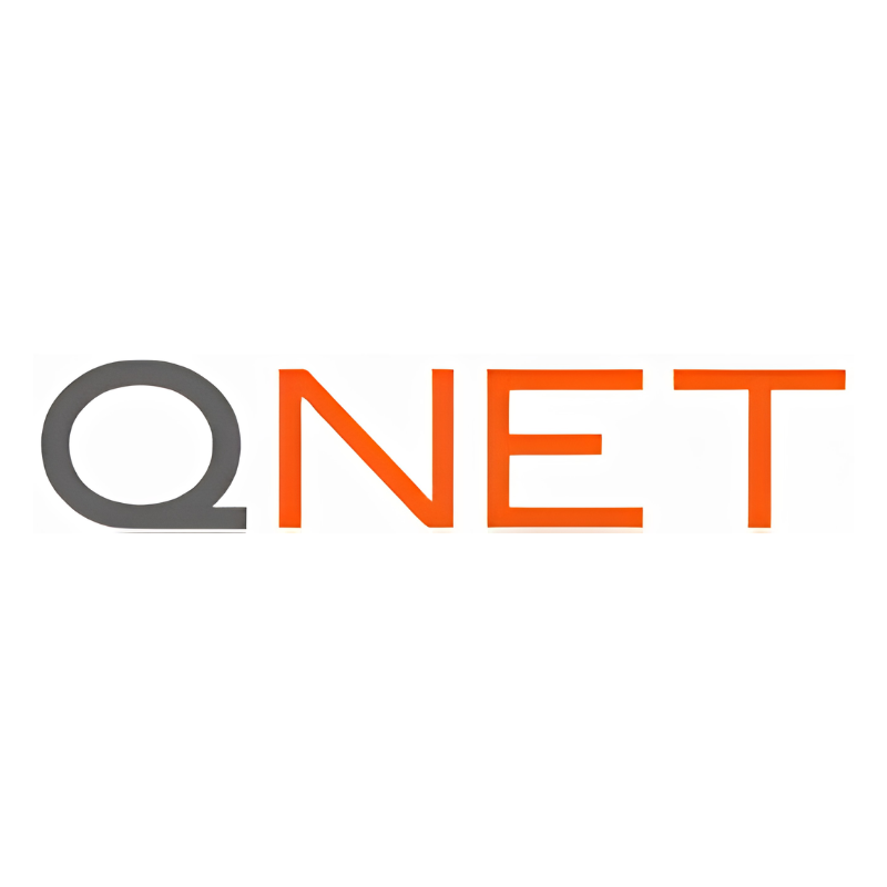 Official QNET company brand logo featuring a grey Q and orange NET typography on a solid white background, used for platform review and educational analysis.