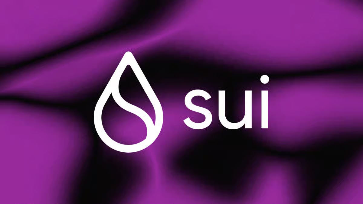 Official white logo of Sui Network featuring a stylized water drop graphic and typography, set against a dark purple abstract background.