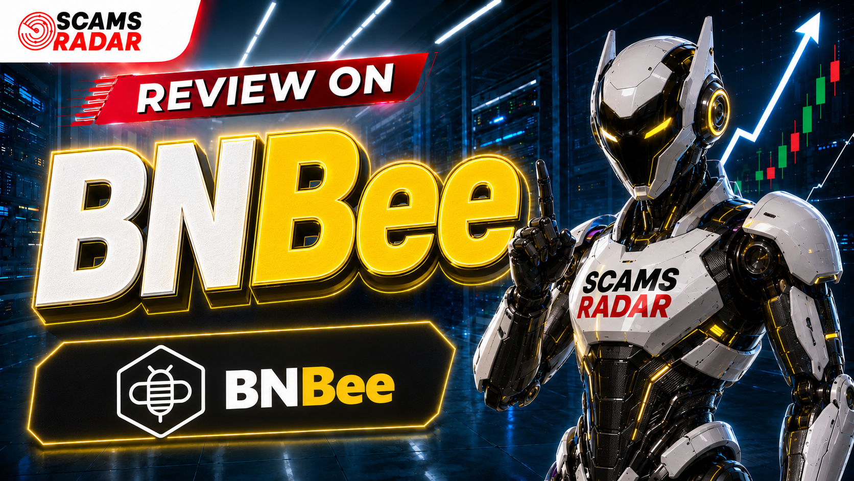 Scams Radar investigative review thumbnail for the Bitraze (BTZAI) crypto platform, featuring a golden robotic figure and trading charts.